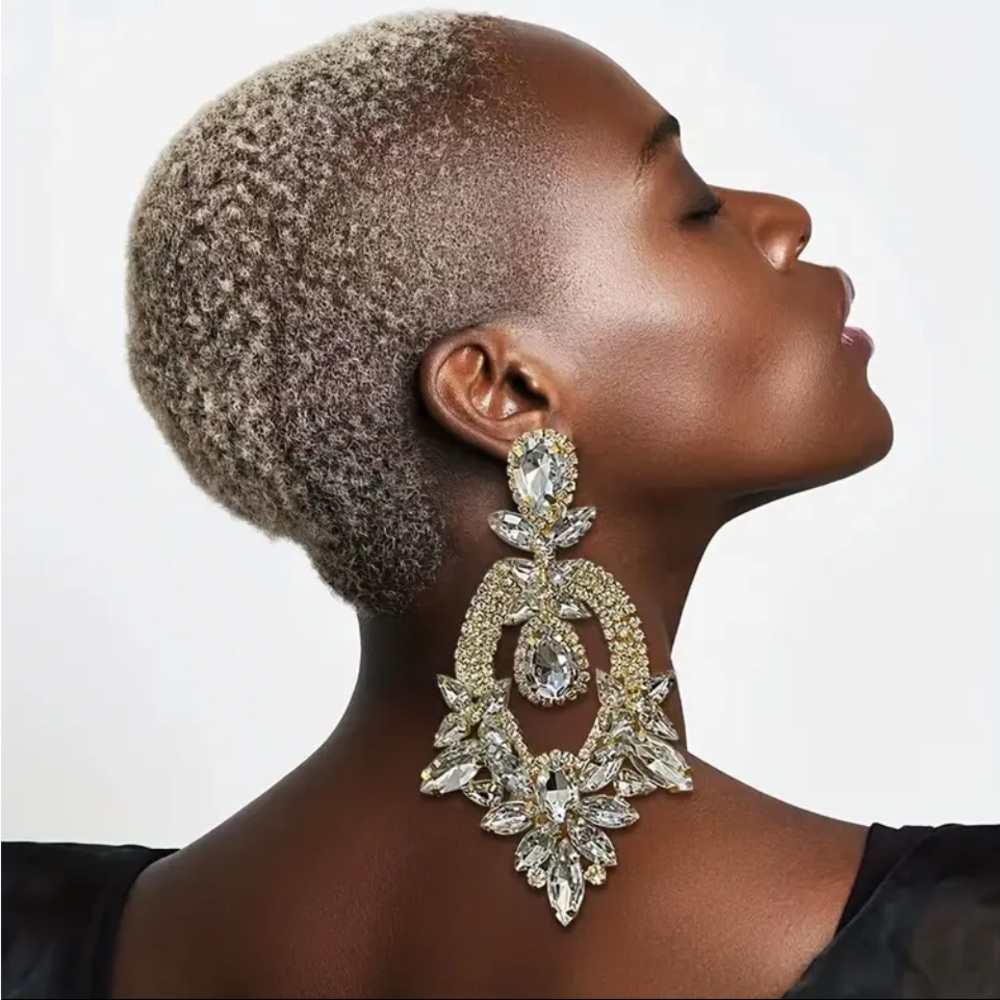 Golden Exaggerated Full Shiny Rhinestone Inlaid Dangle Earrings Bohemian Luxury